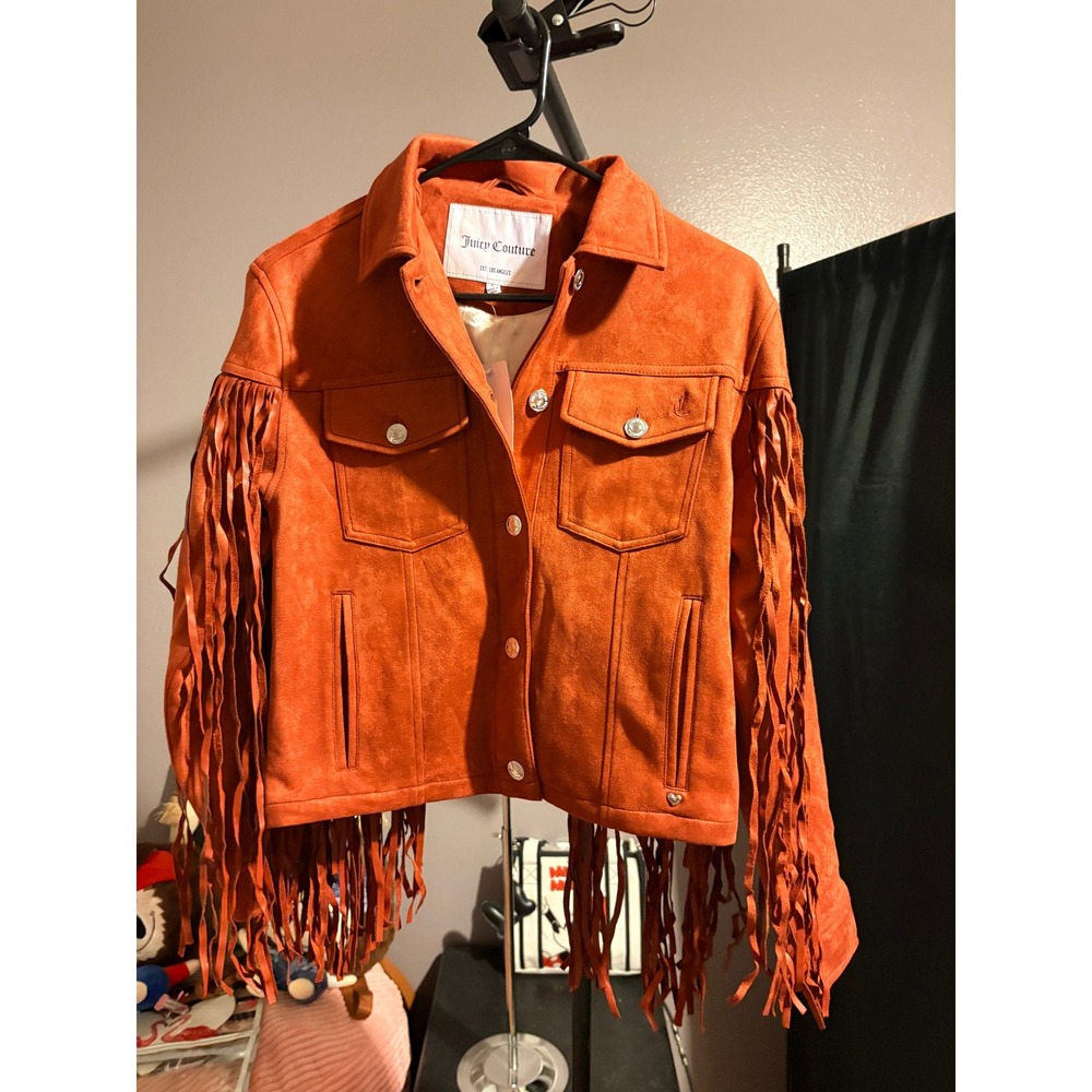 Juicy Couture Rust Fringed Trucker Jacket Faux Suede Orange Small OJC024